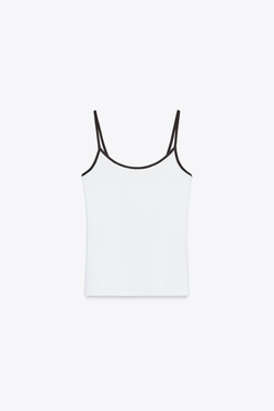 ZARA ФУТБОЛКА С КОНТРАСТНЫМИ БРЕТЕЛЯМИ, КОРИЧНЕВЫЙ/БЕЛЫЙ