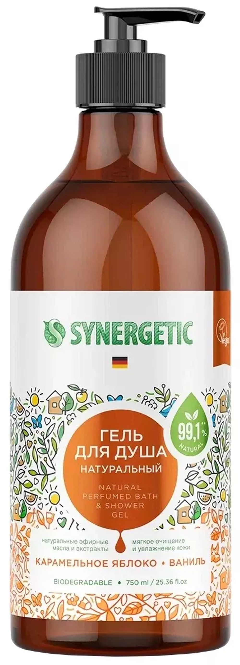 SYNERGETIC Гель для душа Карамельное яблоко женский мужской, 750 мл