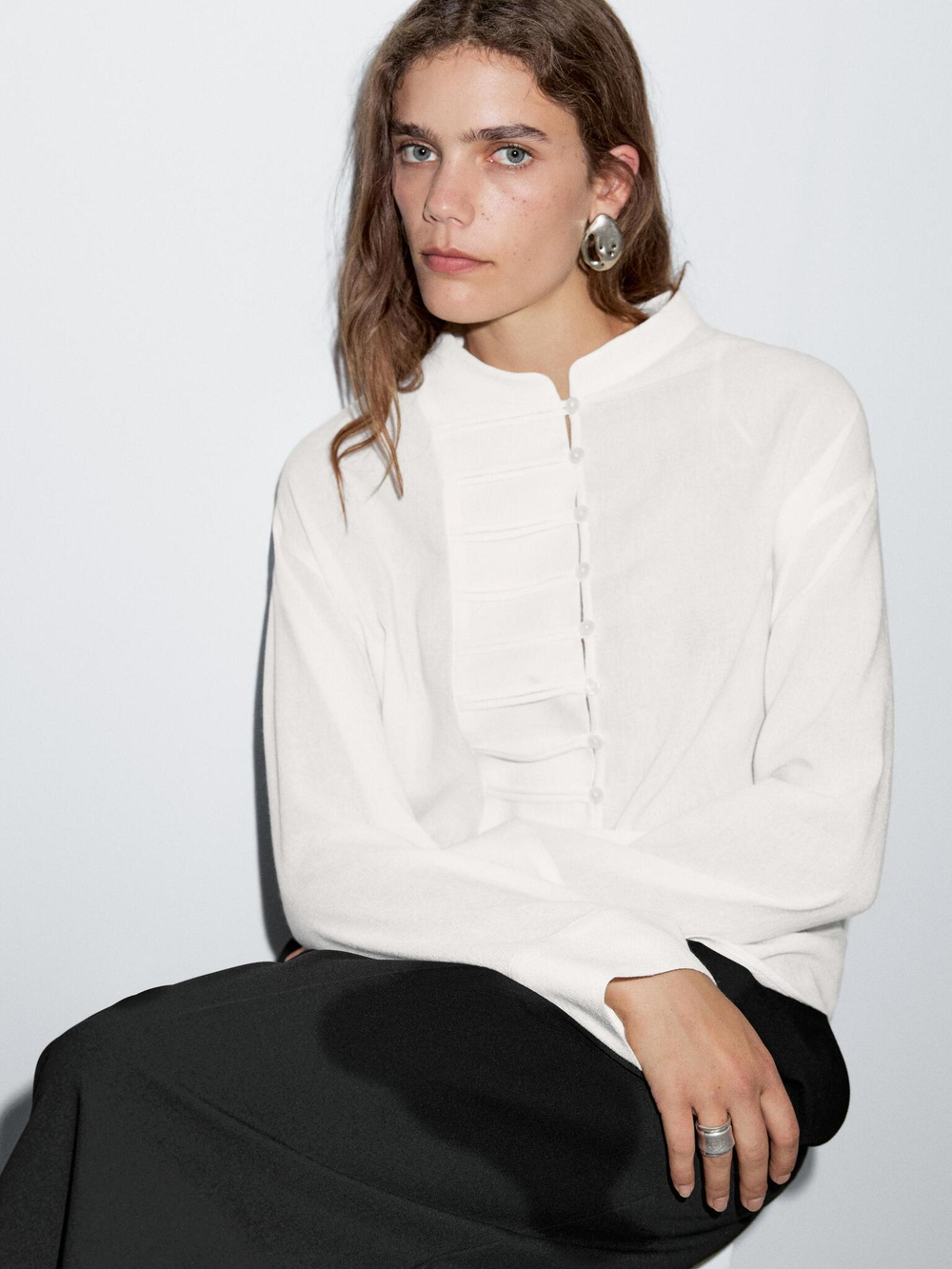 Massimo Dutti Рубашка с круглым вырезом и пуговицами, натуральный/кремовый