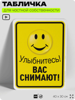 Табличка для частной территории "Улыбнитесь, вас снимают", на дом, для участка, организаций и частных территорий, предупреждающая, 40х30 см, Silver Plane x Айдентика Технолоджи