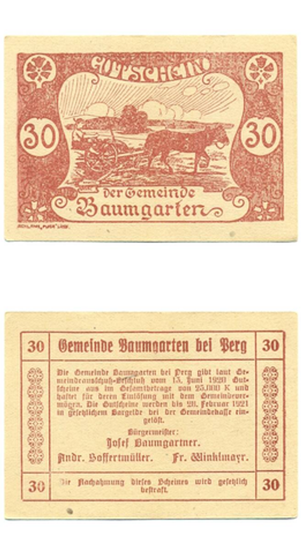 Австрия 30 геллеров 1920 Баумгартен aUNC