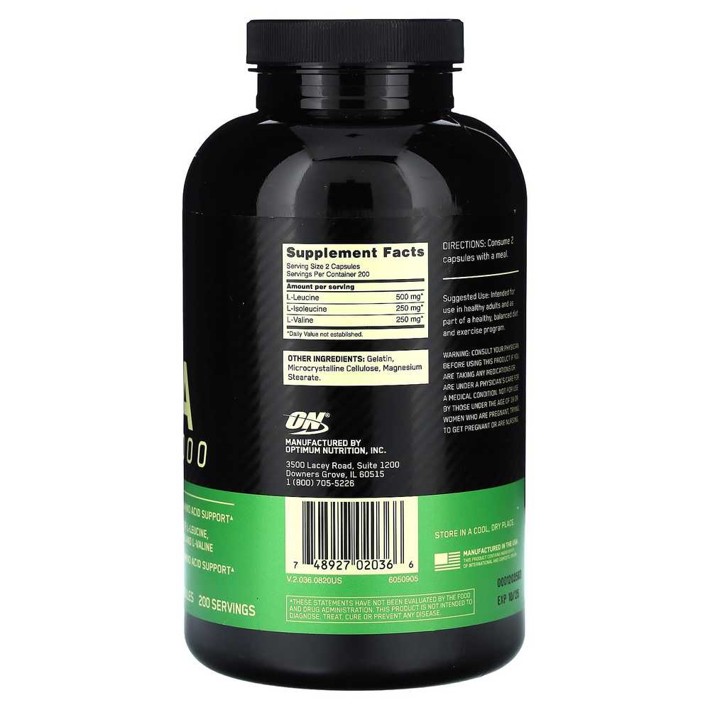 Optimum Nutrition, BCAA 1000, аминокислоты с разветвлённой цепью, 400 капсул (500 мг в 1 капсуле)