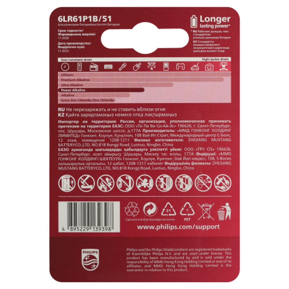 Батарейка Philips 6LR61P1B/51 крона алкалиновая 9V 1 шт. 6LR61/9V-1BL Power (1/12/24/6240) | Philips
