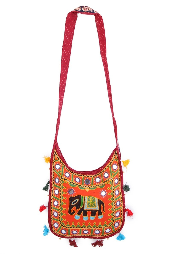 Сумка Этно "Слон" с вышивкой, зеркалами и кисточками, цвет бордовый красный