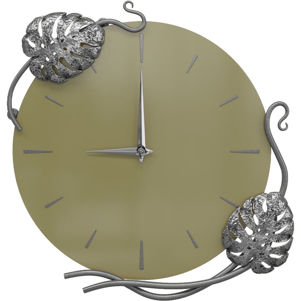 Часы настенные Monstera Deliciosa (Монстера) Колор Зеленая олива Сильвер