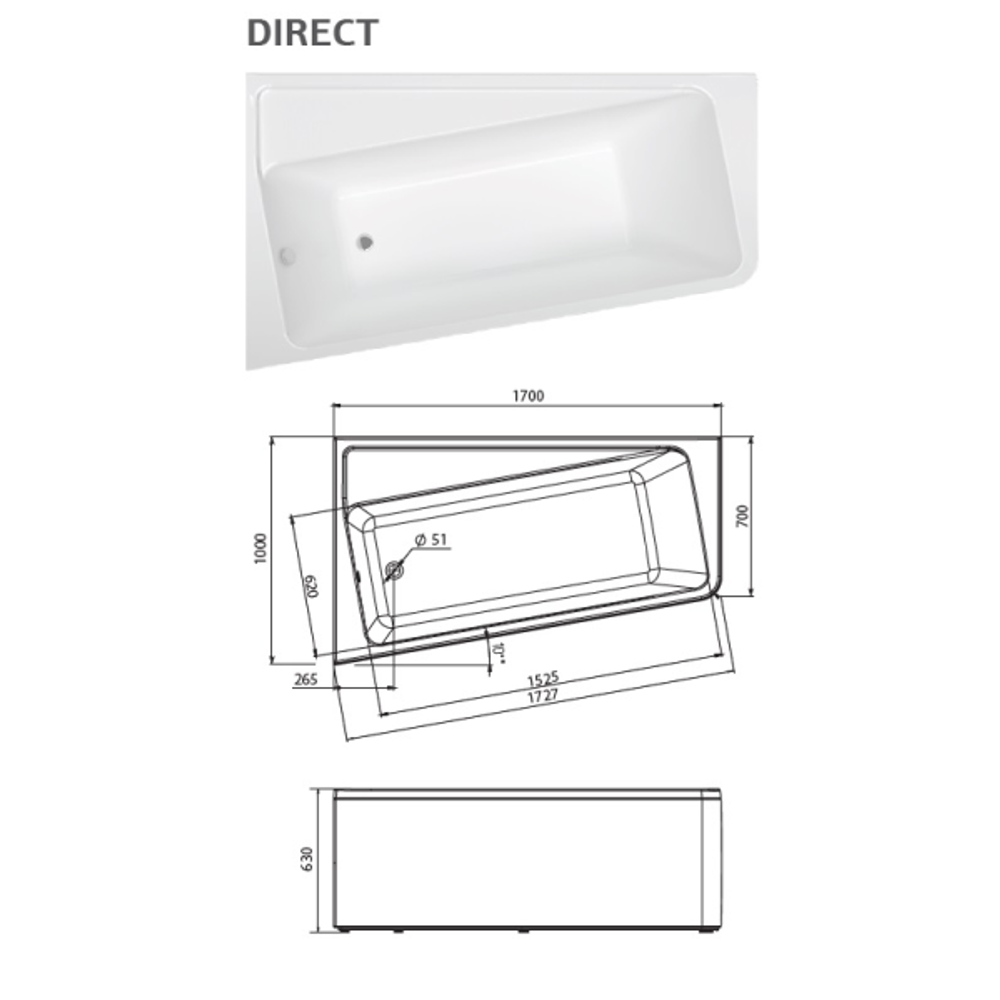 Акриловая ванна Marka One Direct 170x100 R, белый