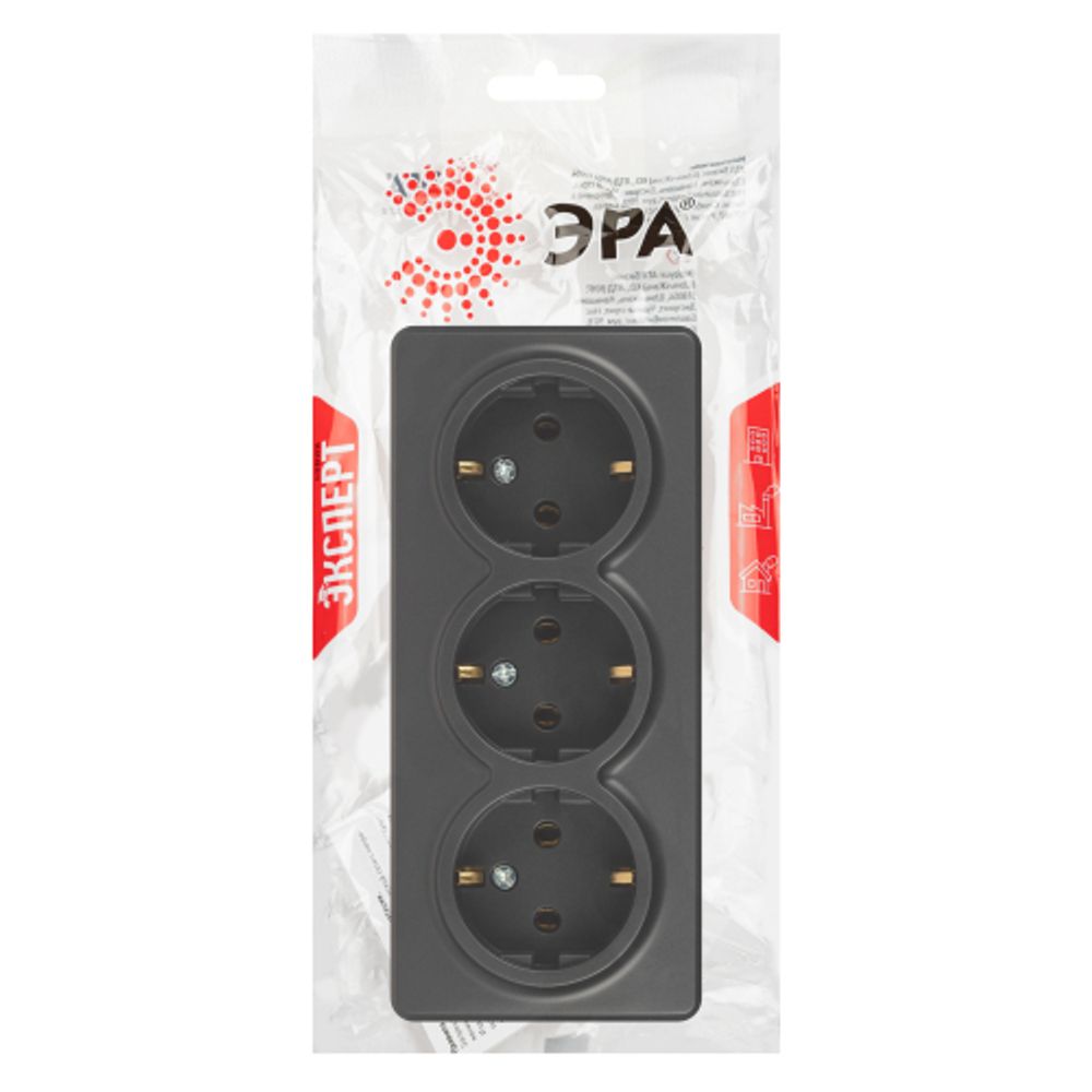 Розетка ЭРА Эксперт 11-2208-05 тройная с заземлением 3х2P+E Schuko, IP20, 16A-250В, ОУ, антрацит