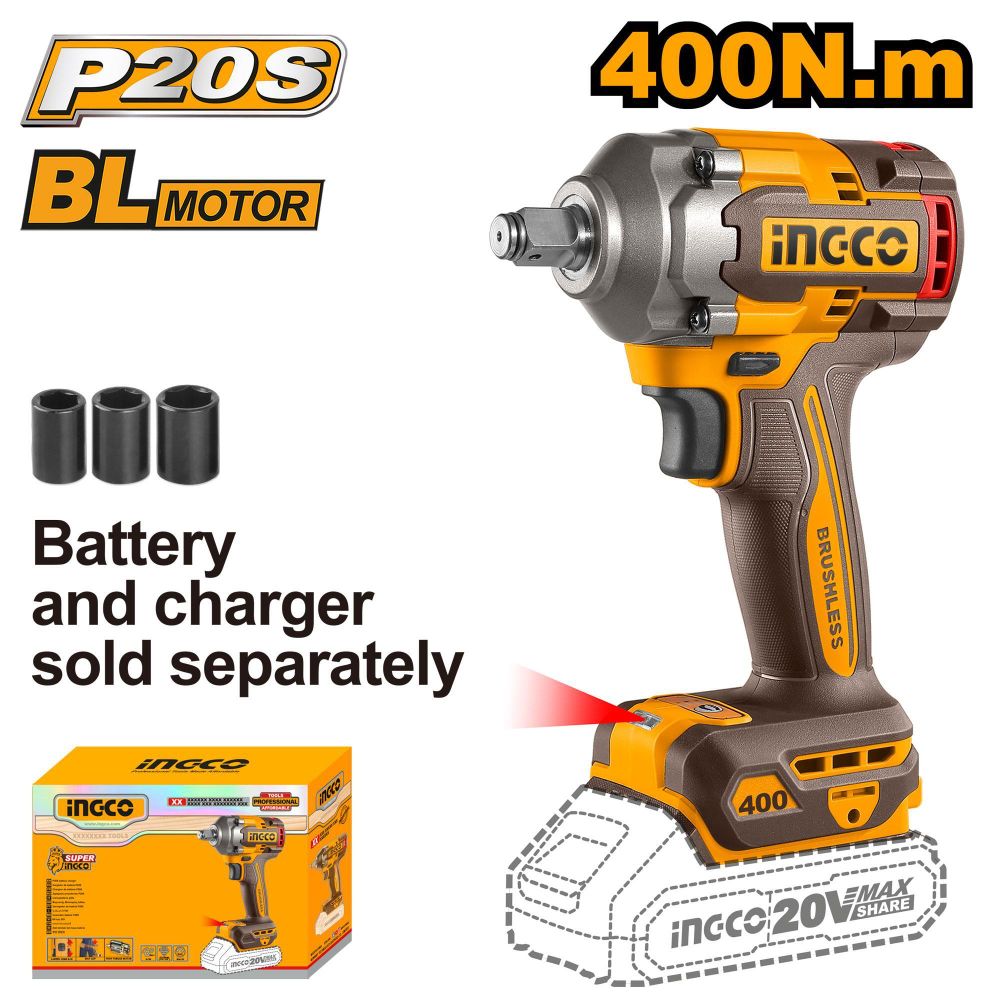 Аккумуляторный бесщеточный ударный гайковерт INGCO CIWLI20401 INDUSTRIAL 20 В 1/2&quot; 400 Нм