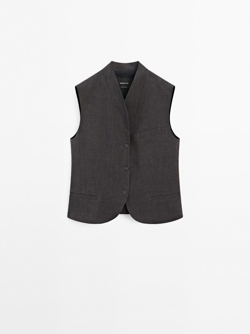 Massimo Dutti Жилет из 100% льна с высоким воротником, темно-серый