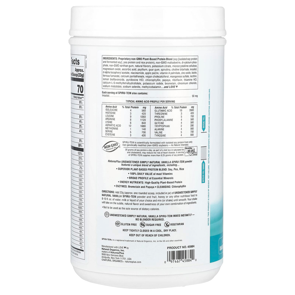 NaturesPlus, Spiru-Tein®, протеиновый порошок, несладкий, ваниль, 736 г (1,62 фунта)