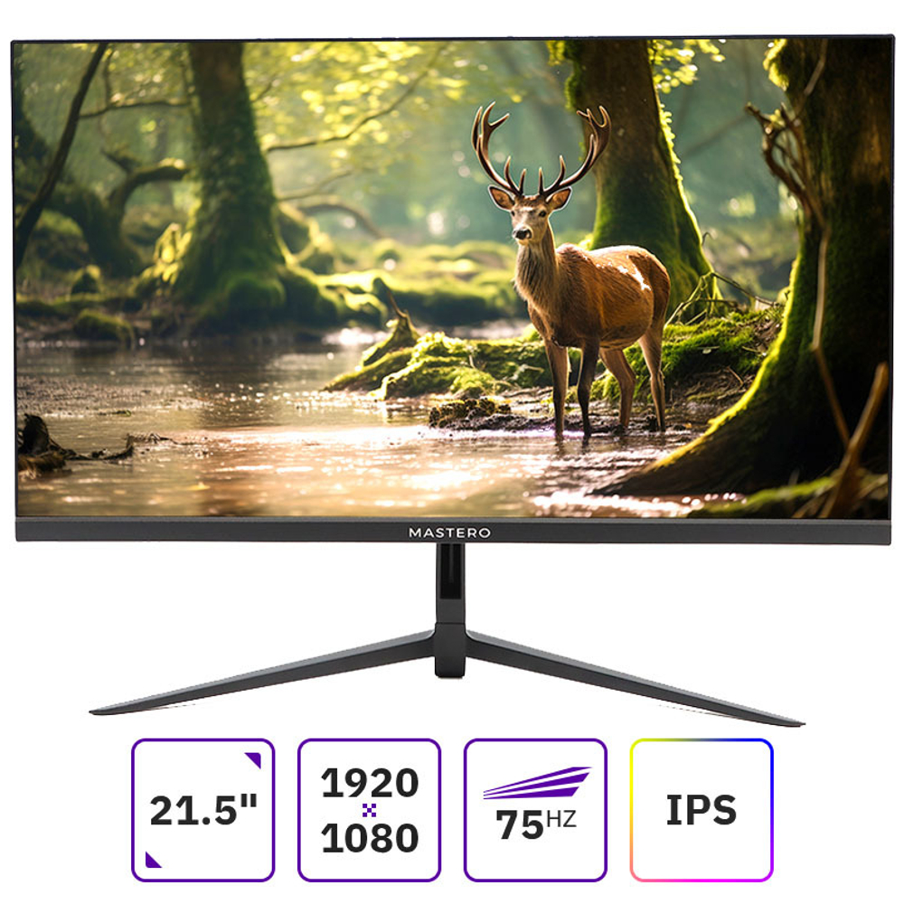 Монитор Mastero 21.5'' P2222H, FHD, IPS, 75Гц, чёрный, 8-bit, 4мс, 4000:1, 250 Кд/м2, VESA:75x75, VGA, HDMI