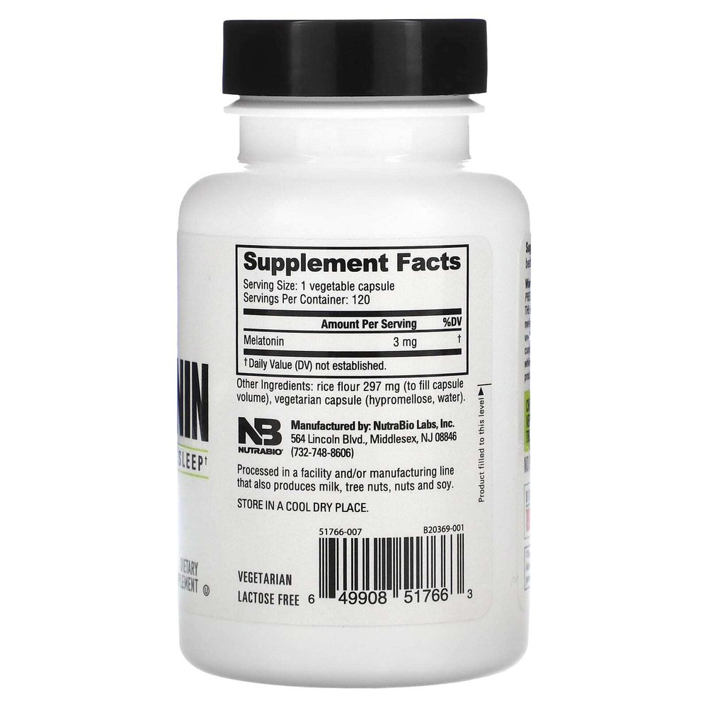 NutraBio, Мелатонин, 120 капсул (3 мг в каждой капсуле)