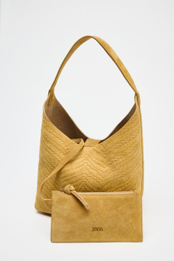 ZARA ПЛЕТЕНАЯ ЗАМШЕВАЯ СУМКА, ЖЕЛТЫЙ