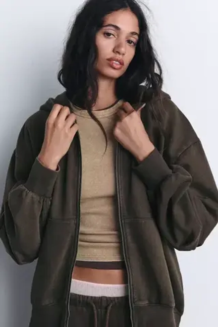 ZARA ТОЛСТОВКА ОВЕРСАЙЗ С МОЛНИЕЙ, КОРИЧНЕВЫЙ