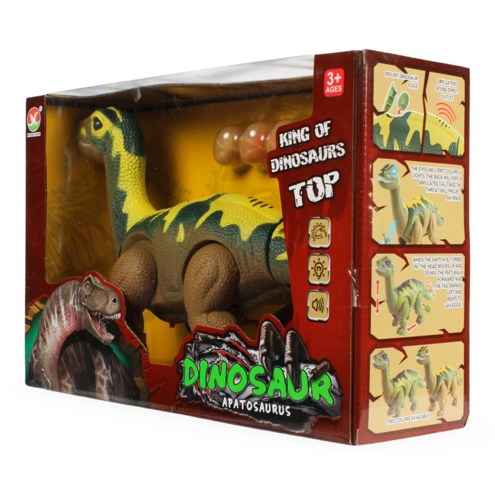 Динозавр Апатозавр коричневый. Ходит, откладывает яйца, свет/звук WB-00700/коричневый (Junfa)