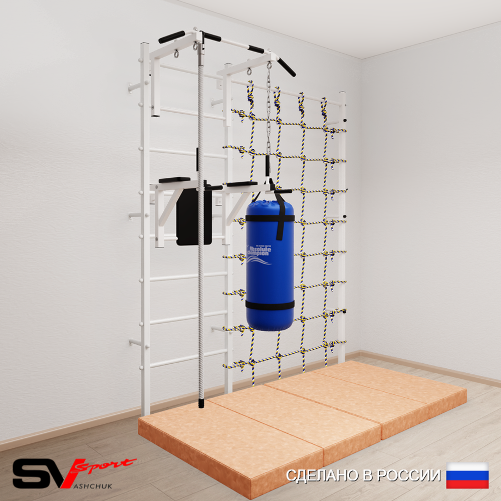 Шведская стенка Sv Sport усиленная 67050 (Турник стандарт/Брусья/Канат/Цепь/Мешок 15кг/Мат 2м/Канатный лаз)