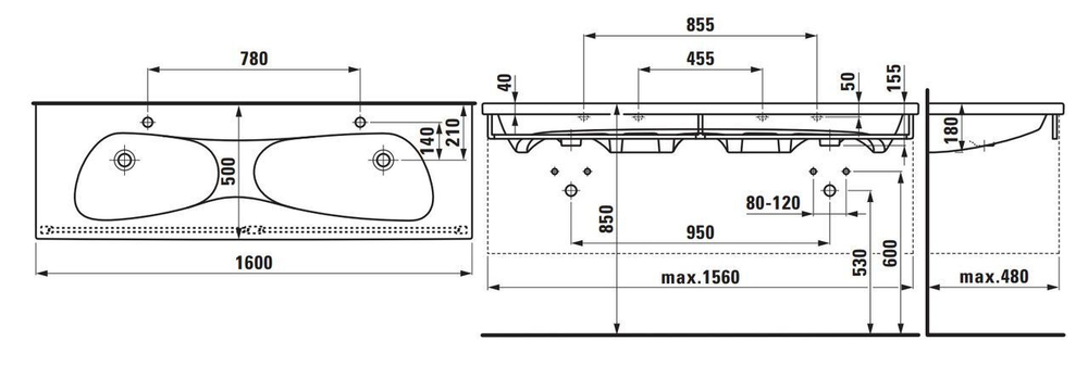 8148090001041 УМЫВАЛЬНИК ДВОЙНОЙ НА СТОЛЕШНИЦУ LAUFEN PALOMBA 160