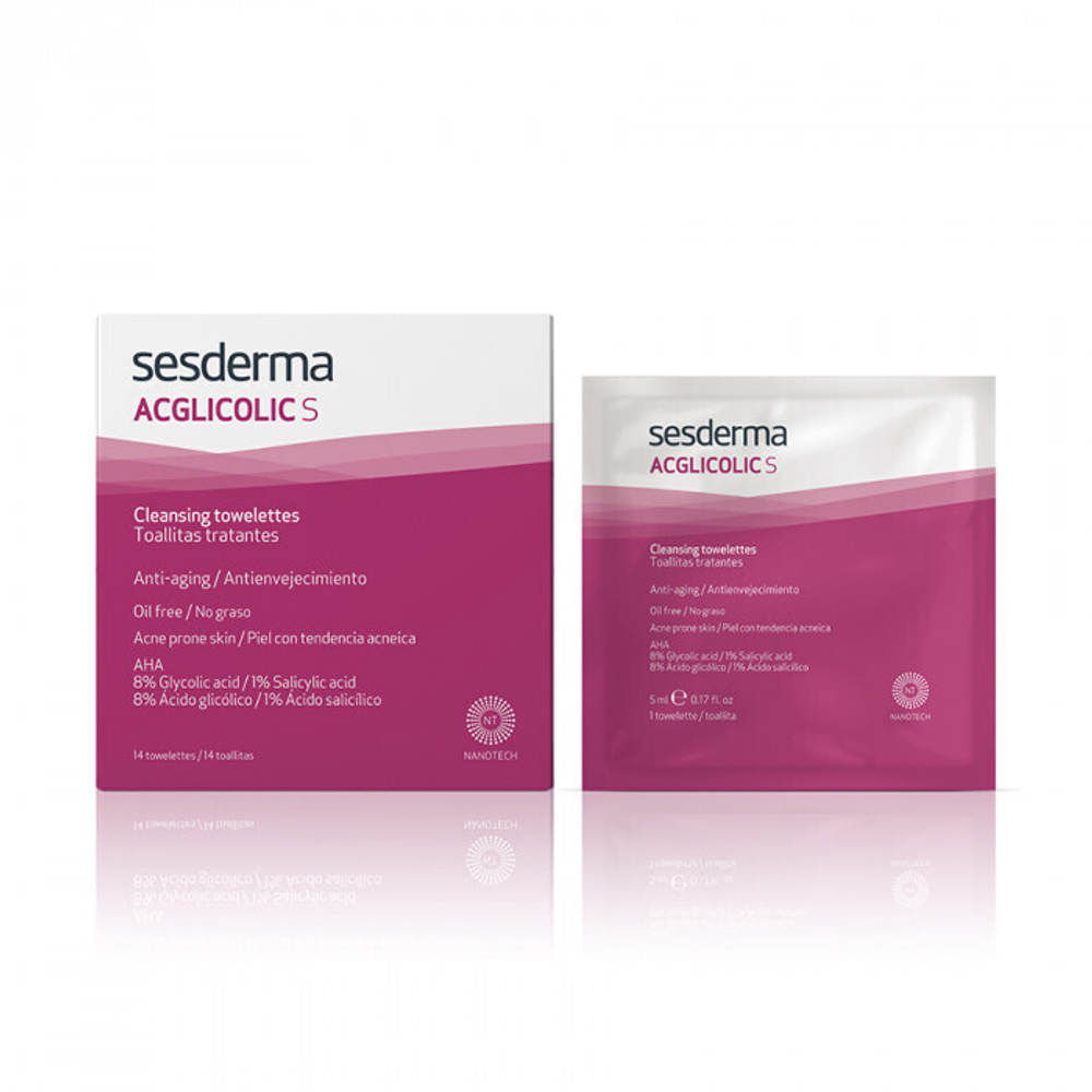 Sesderma ACGLICOLIC S Cleansing towelettes - Салфетки очищающие для лица с гликолевой кислотой и салициловой кислотой, 14 шт