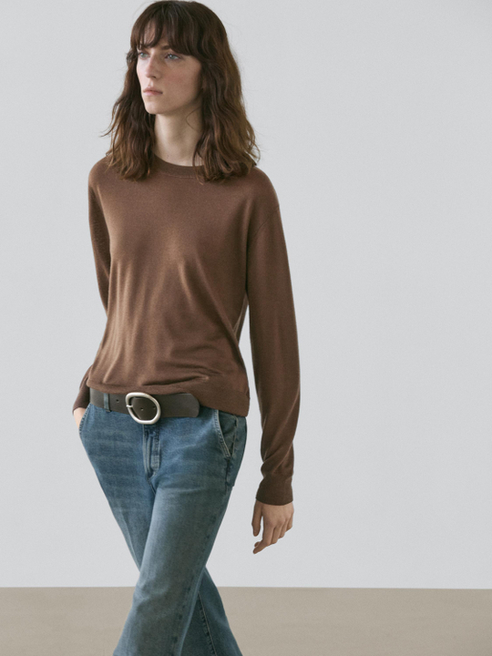 Massimo Dutti Свитер из тонкого трикотажа с круглым вырезом, тоффи