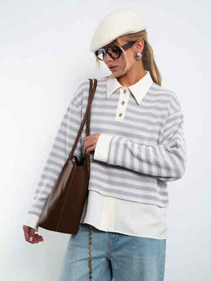 Свитшот-поло с имитацией рубашки (Серый/молочный)