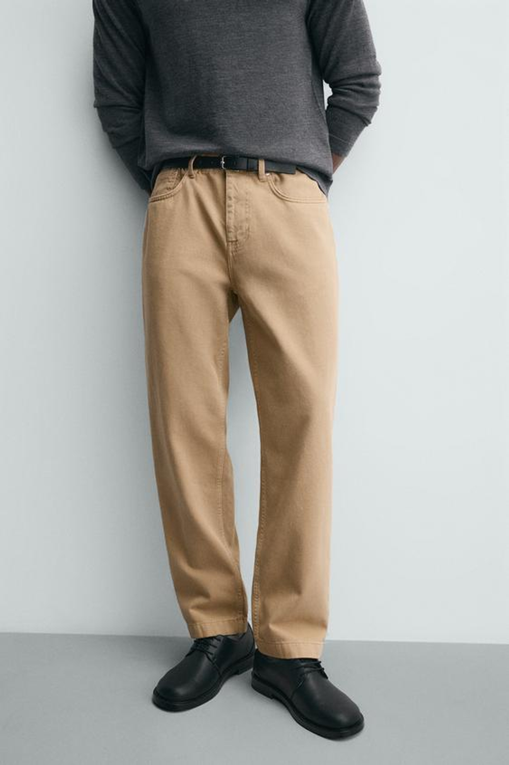 ZARA ДЖИНСЫ КЛАССИЧЕСКОГО КРОЯ С ЭФФЕКТОМ ПОТЕРТОСТИ, ТЕМНО-БЕЖЕВЫЙ