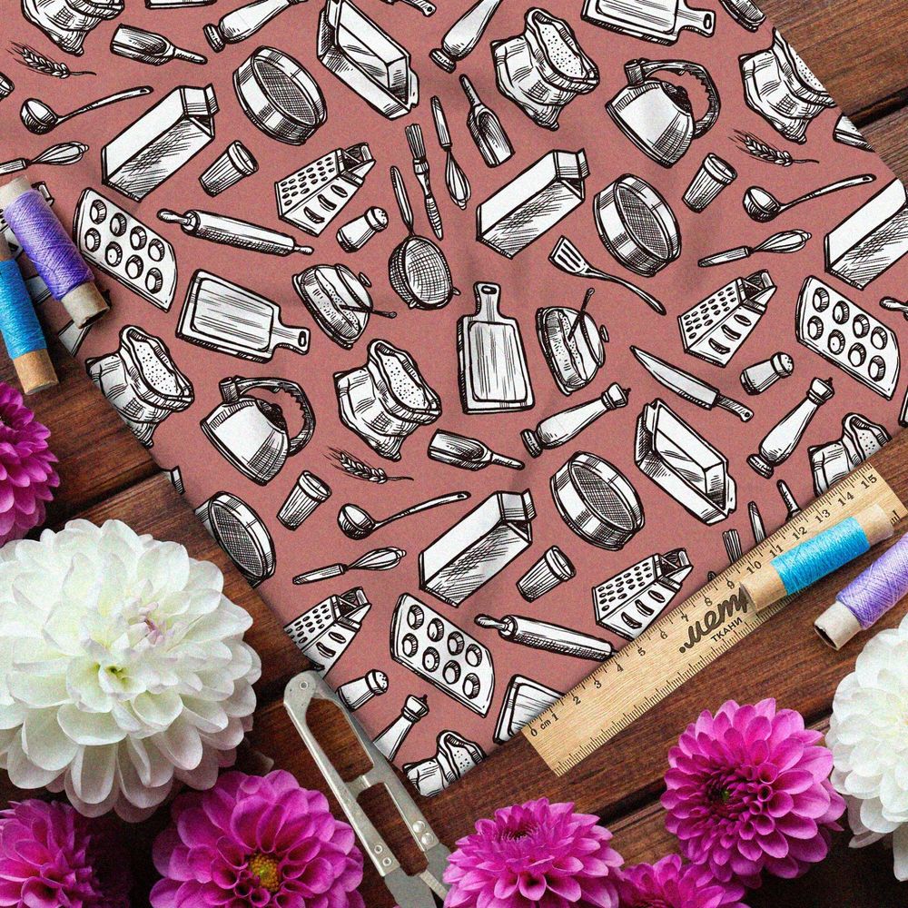 Ткань дюспо кухонная утварь на коралловом фоне