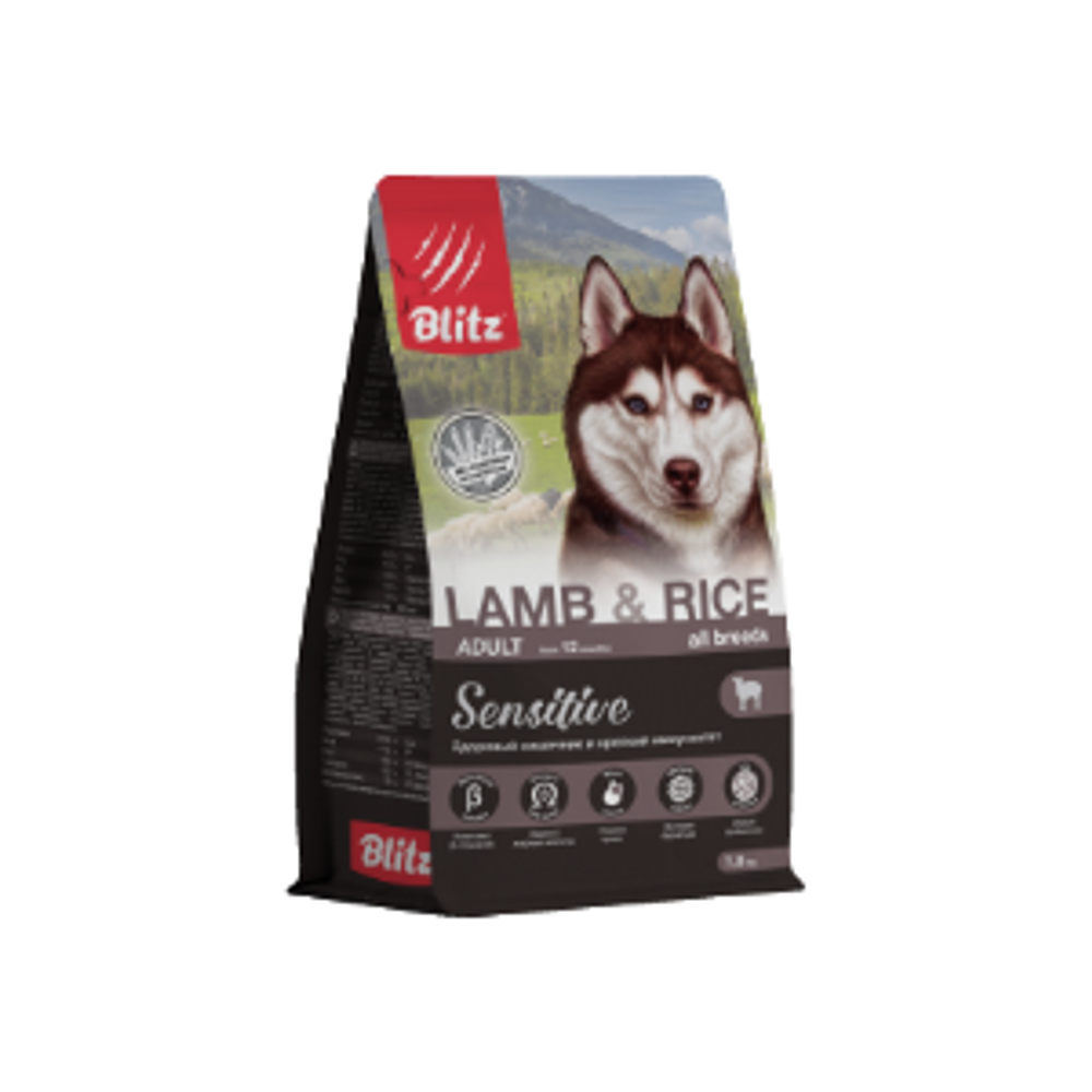 Сухой корм для собак BLITZ ADULT LAMB & RICE ALL BREEDS для взрослых собак всех пород, ягненок и рис, 1,8кг
