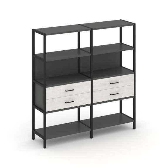 Shelf System Двухсекционный стеллаж четырехярусный с ящиками SN.STM-422 Антрацит/Дуб Наварра/Металл