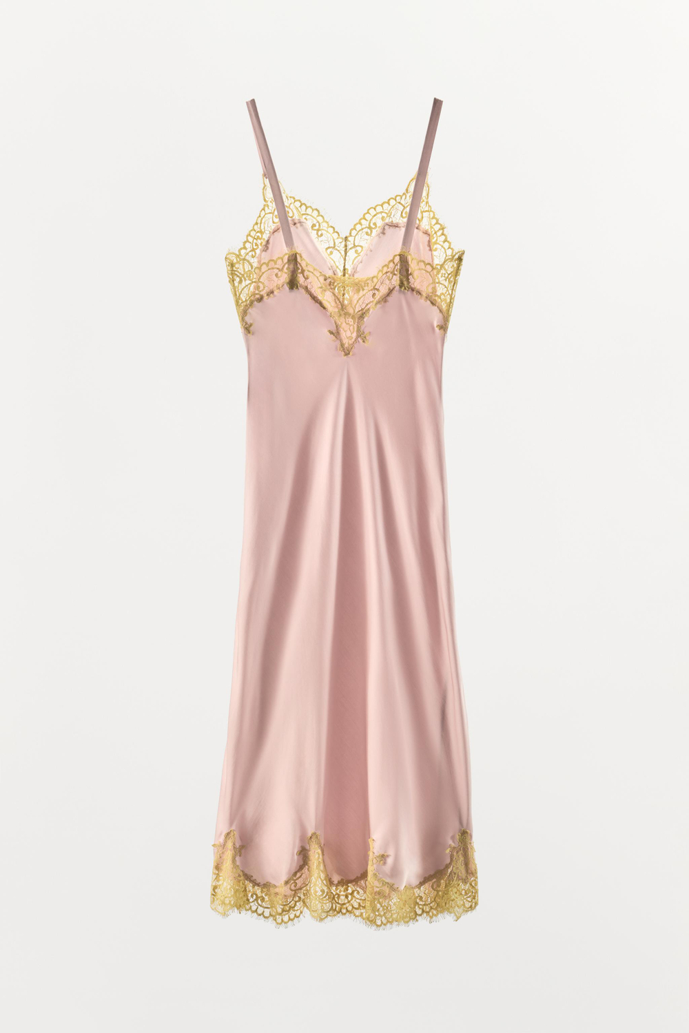 ZARA АТЛАСНОЕ ПЛАТЬЕ МИДИ С КРУЖЕВОМ, РОЗОВЫЙ