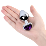Серебристая анальная пробка 8см с фиолетовым кристаллом сердцем ToyFa Metal 717014-4