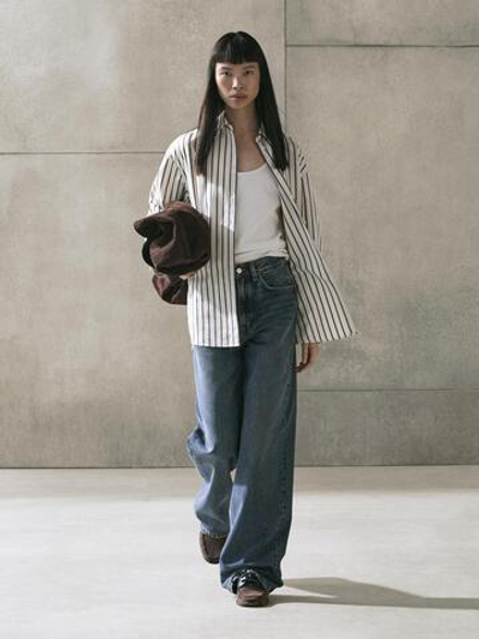 Massimo Dutti Рубашка из 100% хлопка в полоску, ванильный