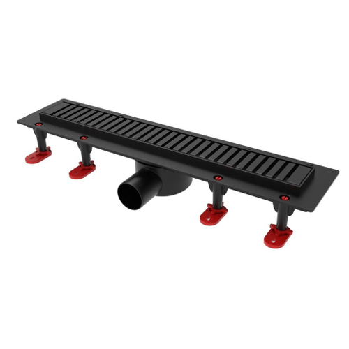 Трап линейный ТП-55D-600 решетка из нерж. стали "Полосы"с гориз. вых.D50 мм рамка из пластика ЧЕРНЫЙ