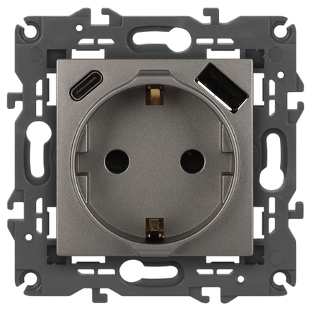 Розетка ЭРА Elegance 14-4108-16 2P+E 16A-250В со шторками с USB type-A+C 5В-3А титан