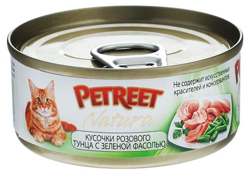Petreet консервы для кошек кусочки розового тунца с зеленой фасолью 70 г