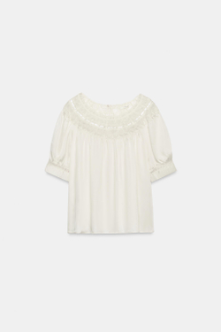 ZARA БЛУЗА С КОРОТКИМИ РУКАВАМИ И КРУЖЕВОМ — ZW COLLECTION, БЕЛЫЙ