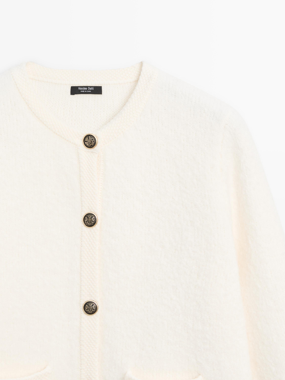 Massimo Dutti Короткий трикотажный кардиган с золотистыми пуговицами, белый