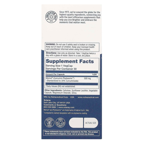 Solaray, Фитосомы куркумы, 500 мг, 30 вегетарианских капсул