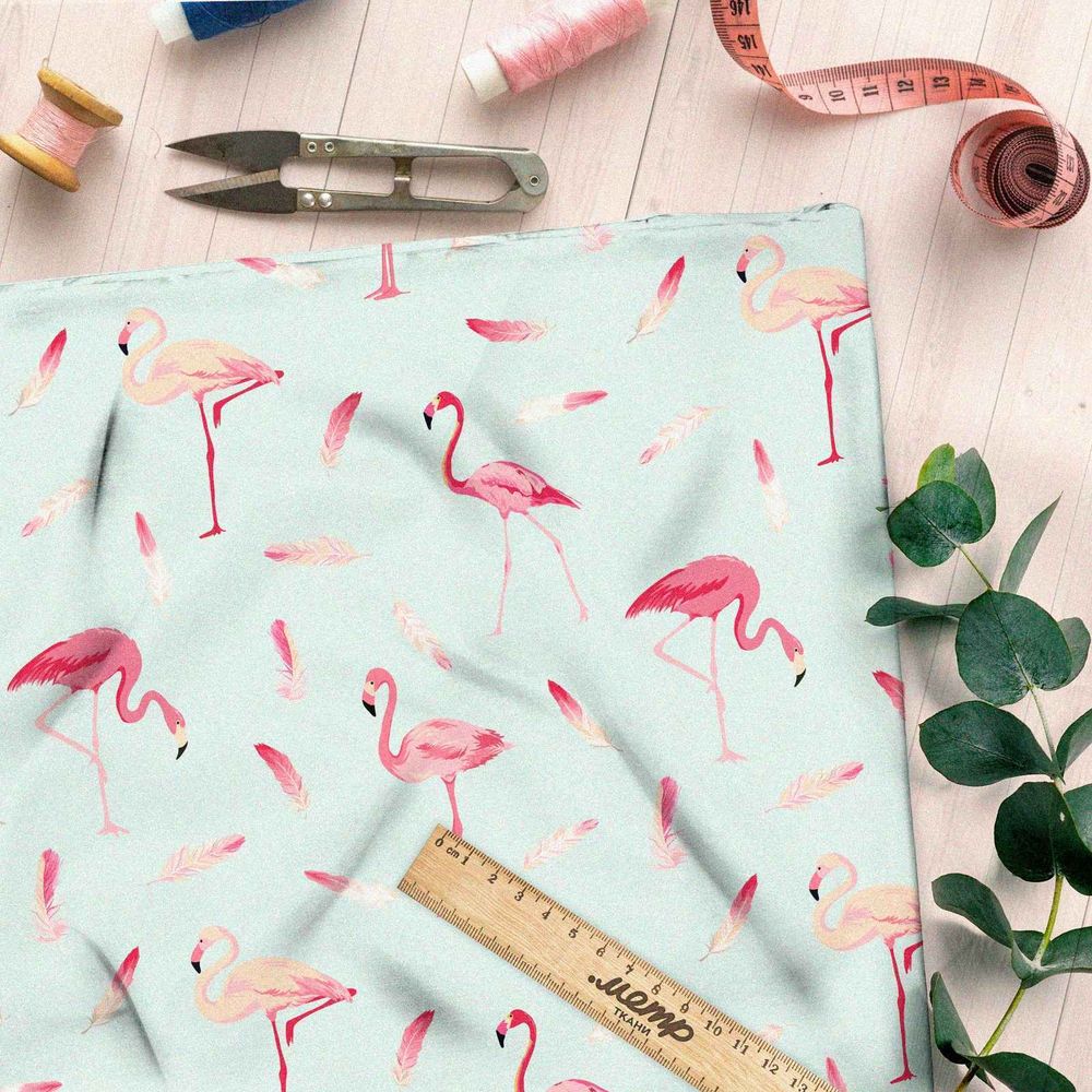 Ткань лен перья фламинго