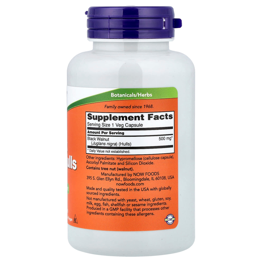NOW Foods, скорлупа черного ореха, 500 мг, 100 вегетарианских капсул