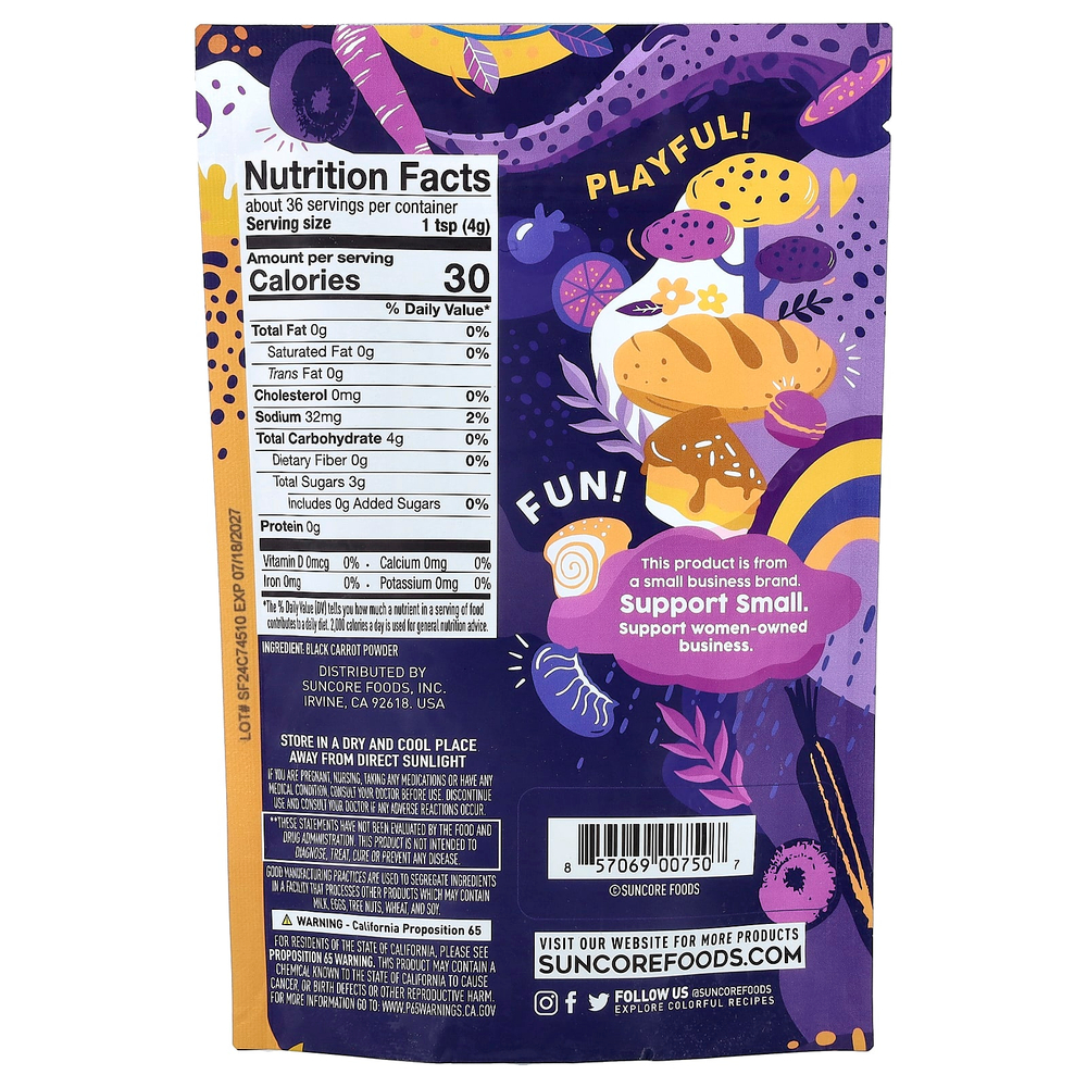 Suncore Foods, Ebony морковь, порошок из черной моркови, 142 г (5 унций)