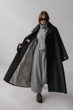 Плащ МАКСИ двухсторонний (черный/клетка)