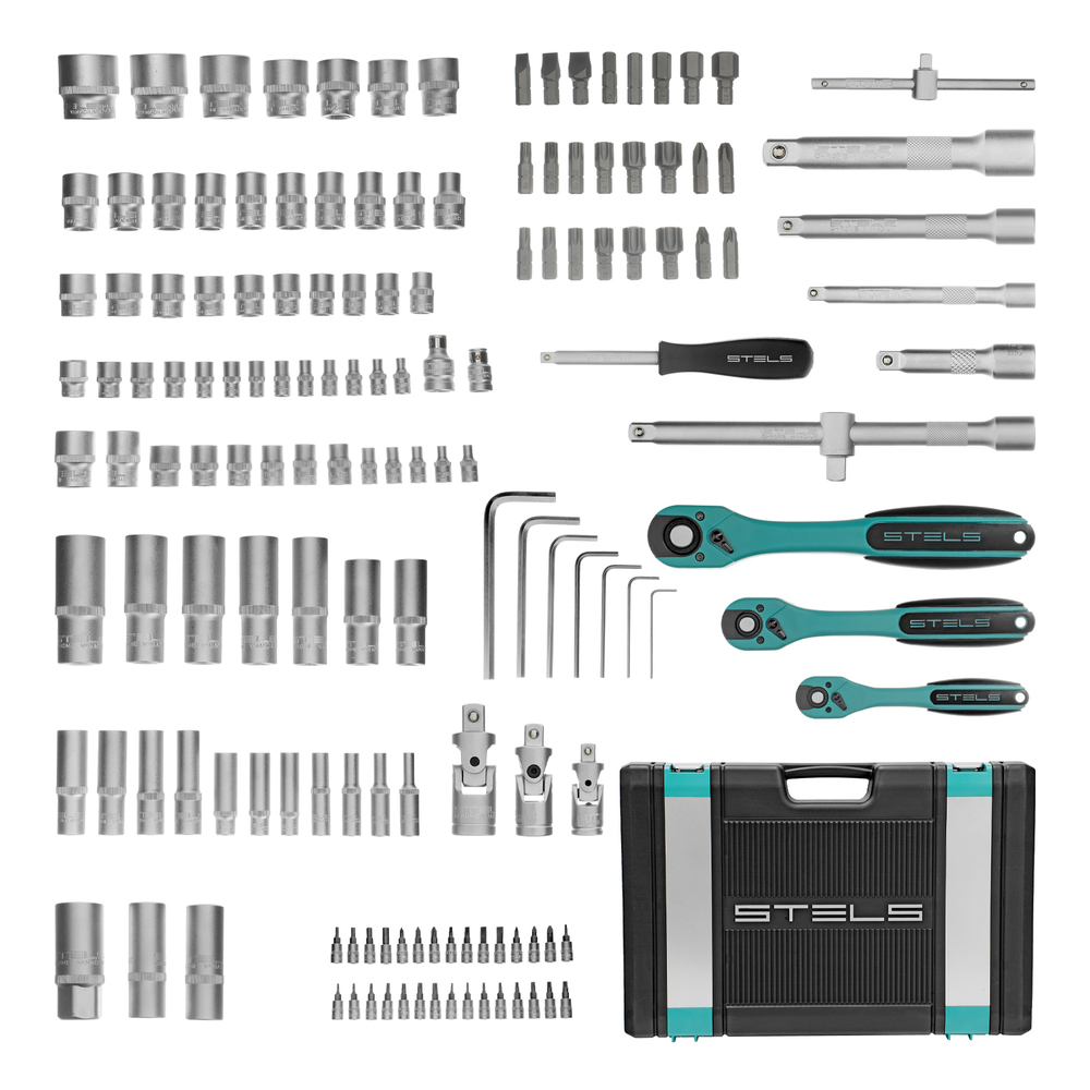 Набор инструментов, 1/4", 3/8", 1/2", Cr-V, S2, усиленный кейс, 151 предмет Stels