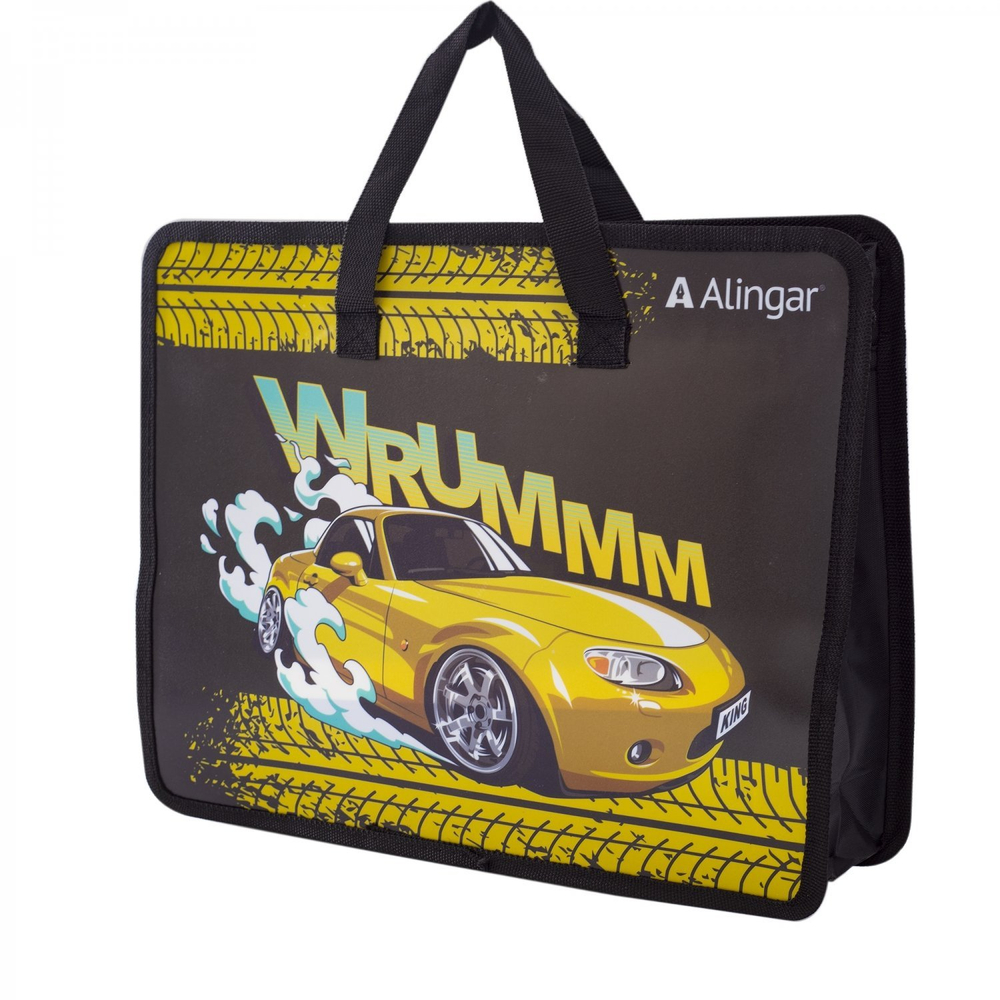Папка с ручками 1 отделение, А4 265х335х90мм, Alingar, пластик, ручки тесьма, дизайн с двух сторон, молния сверху, "Желтое авто"