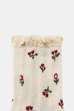 ZARA НОСКИ С ЦВЕТОЧНЫМ ПРИНТОМ И КРУЖЕВОМ, ЭКРЮ