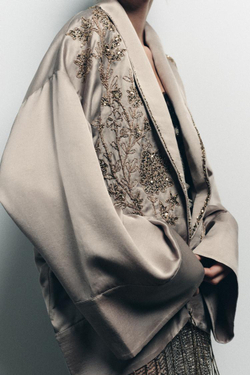 ZARA КИМОНО С ВЫШИВКОЙ И БУСИНАМИ, СЕРЫЙ