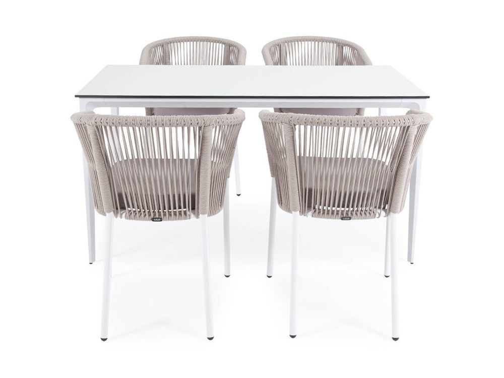 "Малага" обеденная группа на 4 персоны со стульями "Марсель", каркас белый, роуп бежевый
