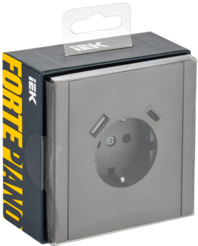 FORTE&PIANO Розетка 1-местная с заземлением с защитными шторками винтовое крепление 16А USB A+C 18Вт FP547 сталь IEK