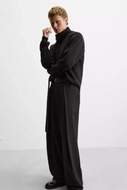 ZARA БРЮКИ WIDE-LEG СО СКЛАДКАМИ, ЧЕРНЫЙ