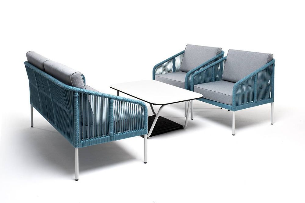 "Канны" лаунж-зона 4-местная из роупа со столом "Гранада" (молочный), каркас алюминиевый светло-серый, роуп бирюзовый