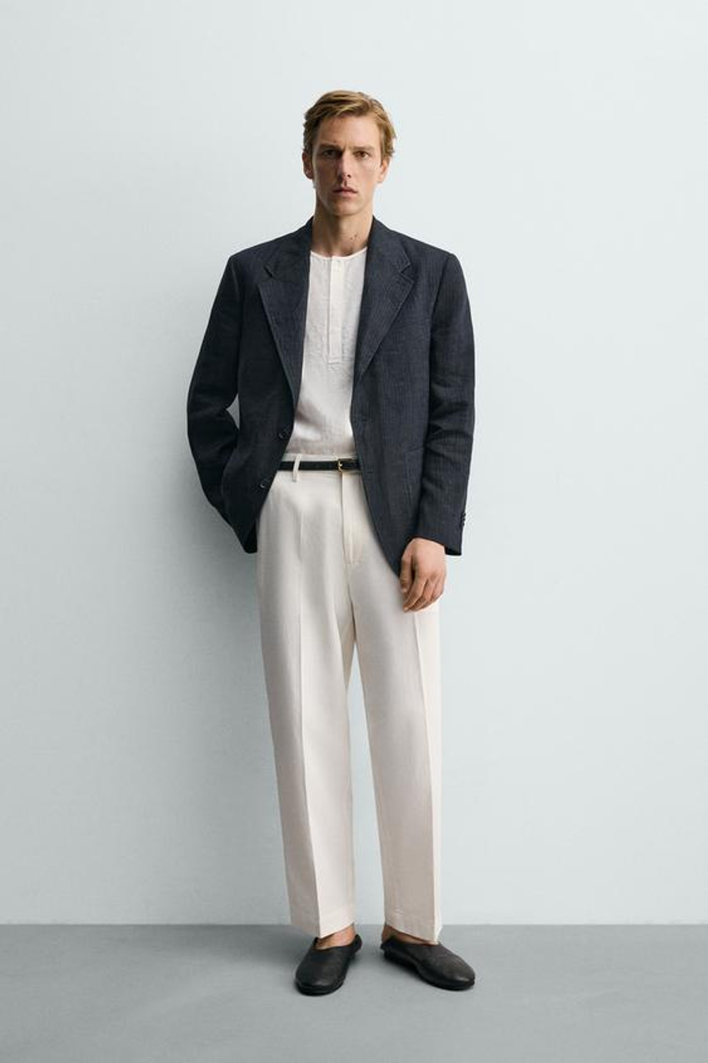 ZARA БРЮКИ REGULAR FIT ИЗ ВИСКОЗЫ И ХЛОПКА, ЖЕЛТОВАТО-БЕЛЫЙ